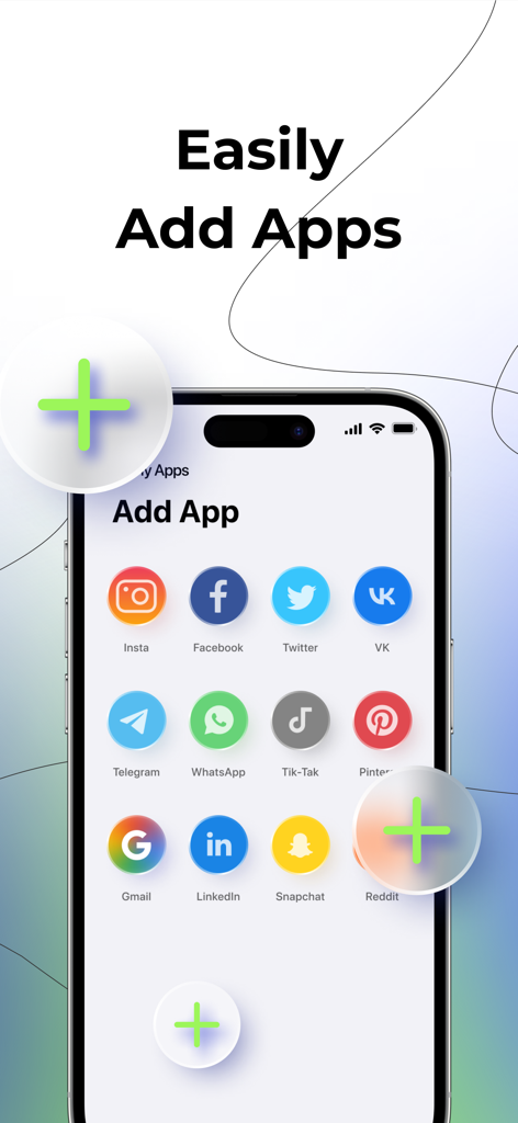 Parallel Space & Dual Account - iPhone screen showing a list of social media icons to add for dual account management