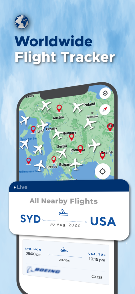 Worldwide Flight Tracker app interface showing real time airplane tracking on a map with flight status information.