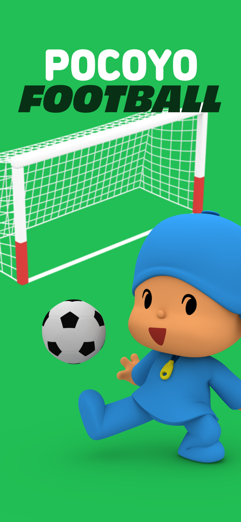 Talking Pocoyo Football - Personaje de Pocoyó pateando un balón de fútbol frente a una portería