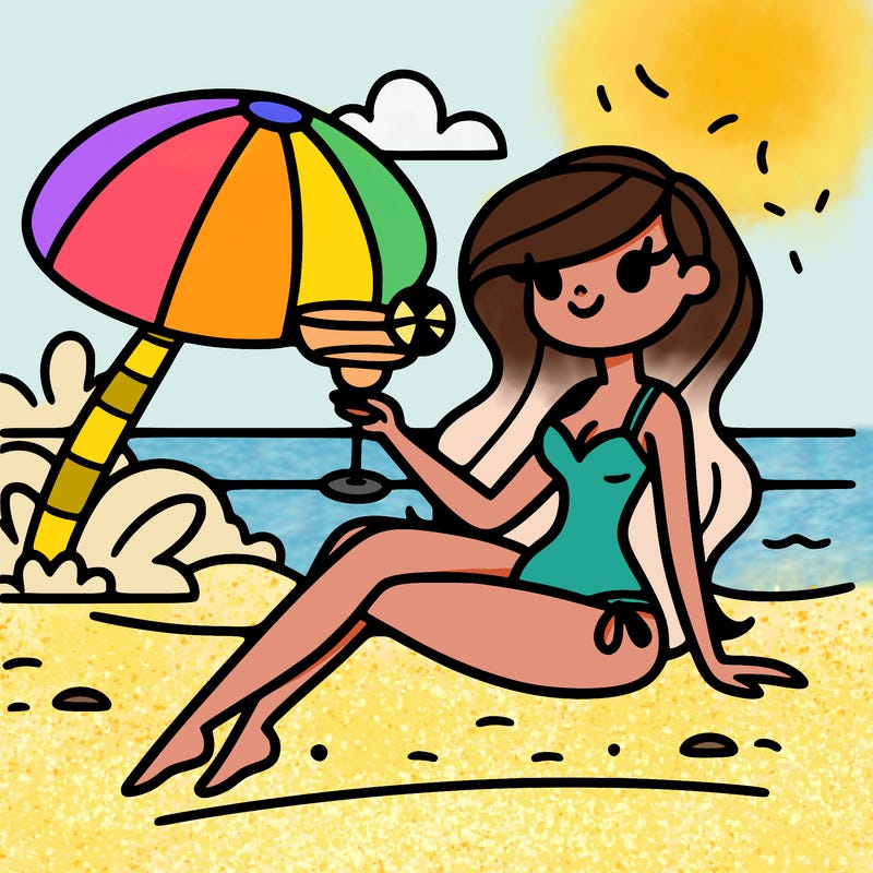 lady on a beach in a one piece with a margarita in her hand