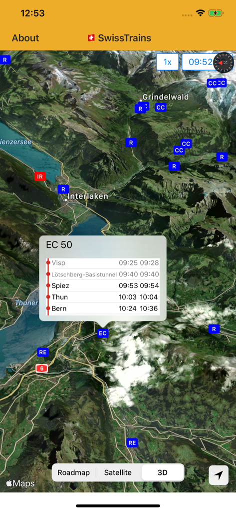 SwissTrains - SwissTrains app 3D satellite view showing real-time train tracking and timetable details for a route through Interlaken and Bern.