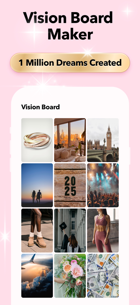 Vision Board 2026ㆍDreamer AI - Vision Board Maker app interface showing a grid of aesthetic goal images representing travel fitness and financial success