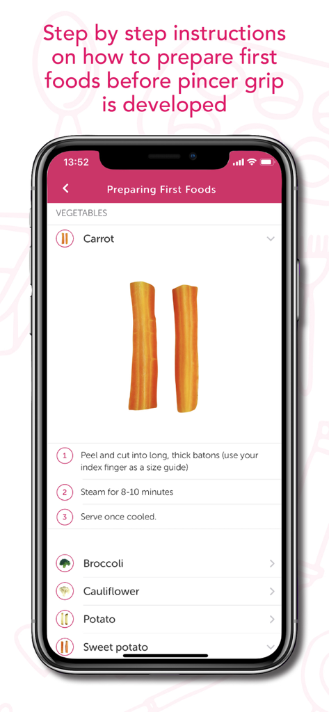 Un écran d'application mobile montrant des instructions étape par étape sur la préparation de bâtonnets de carottes pour la diversification menée par l'enfant.