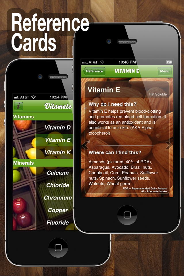 Vitamate: The Original Vitamin App - Zwei iPhones zeigen die Vitamate-App mit einer Liste von Vitaminen und einer detaillierten Referenzkarte für Vitamin-E-Lebensmittelquellen und -vorteile.