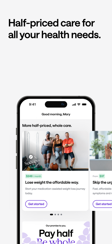 Sesame: Telehealth Care & More - Sesame app screen displaying half-priced healthcare options including affordable weight loss programs and urgent care