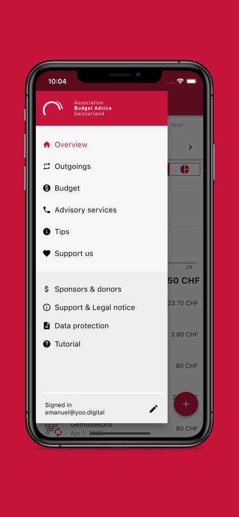 BudgetCH - BudgetCH finance app side navigation menu with options for budget and outgoings tracking