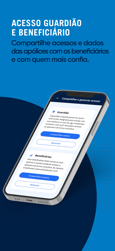 Pantalla de la aplicación Prudential Seguros que muestra opciones para compartir el acceso a la póliza de seguro con tutores y beneficiarios