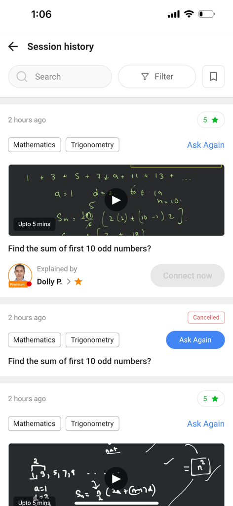Filo: Homework & Exam Help - The session history screen in the Filo app showing previous math and trigonometry tutoring sessions with video explanations.