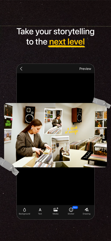 Interface de l'application 17V28 montrant un collage de photos vintage et des outils d'édition créatifs pour la narration.