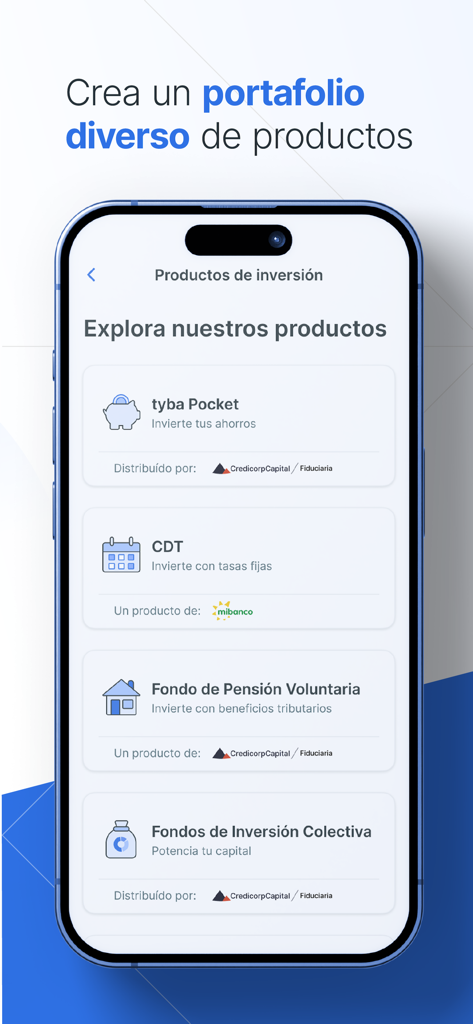 Écran de l’application tyba montrant divers produits d’investissement comme les CPG et les fonds de pension