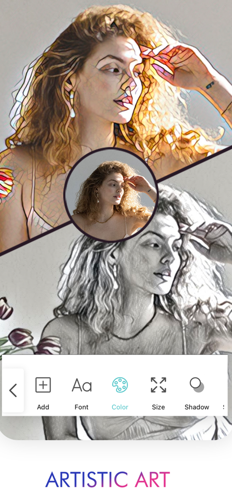 Sketch Photo Maker - Interface showing a portrait converted into colorful and pencil sketch art styles with editing tools