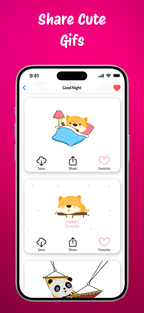 Un écran d'application mobile montrant une sélection de gifs mignons de bonne nuit et de doux rêves avec des animaux de dessin animé avec des options pour enregistrer et partager.