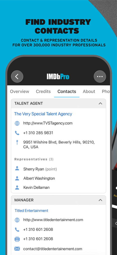 IMDbPro - IMDbPro app interface displaying professional contact and representation details for talent agents and managers.