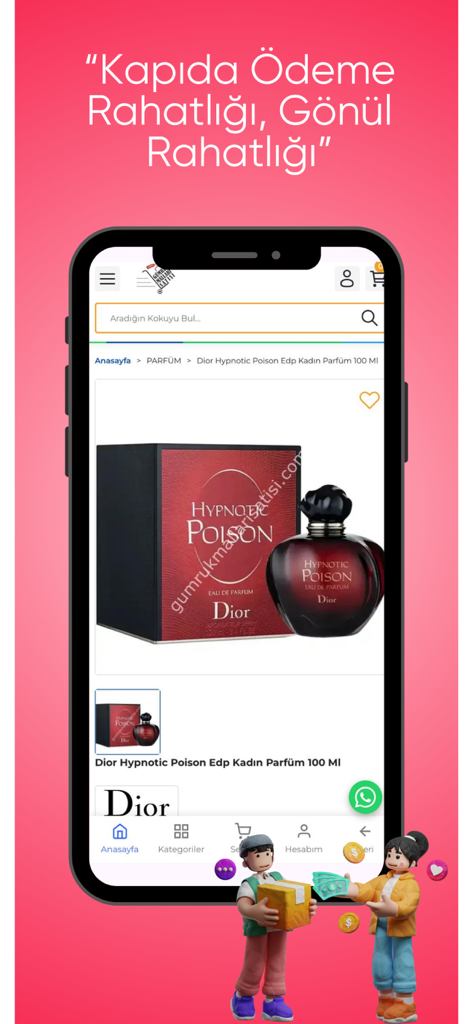 Gümrük Malları Satışı - Screenshot of Gümrük Malları Satışı mobile app displaying a Dior perfume product page with cash on delivery promotional text in Turkish
