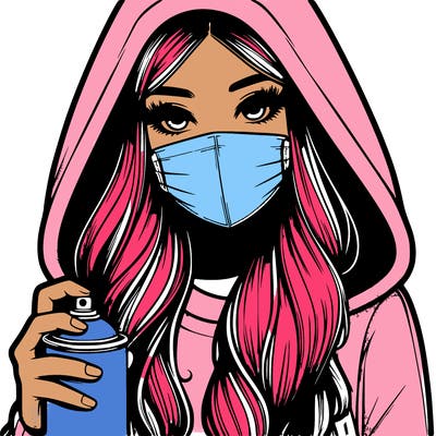 girl wearing a mask with long hair with her hood up spray-painting realistic