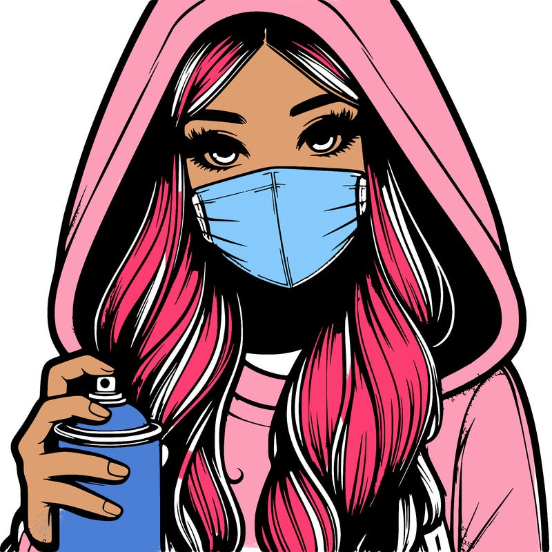 girl wearing a mask with long hair with her hood up spray-painting realistic