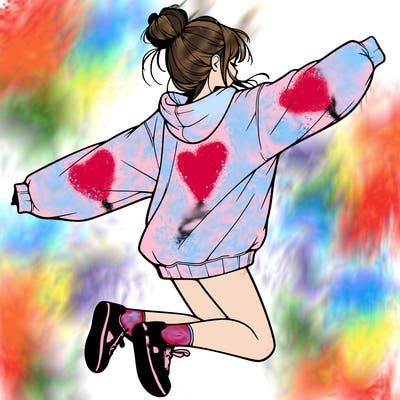 realistic girl jumping with a bun and oversized sweatshirt