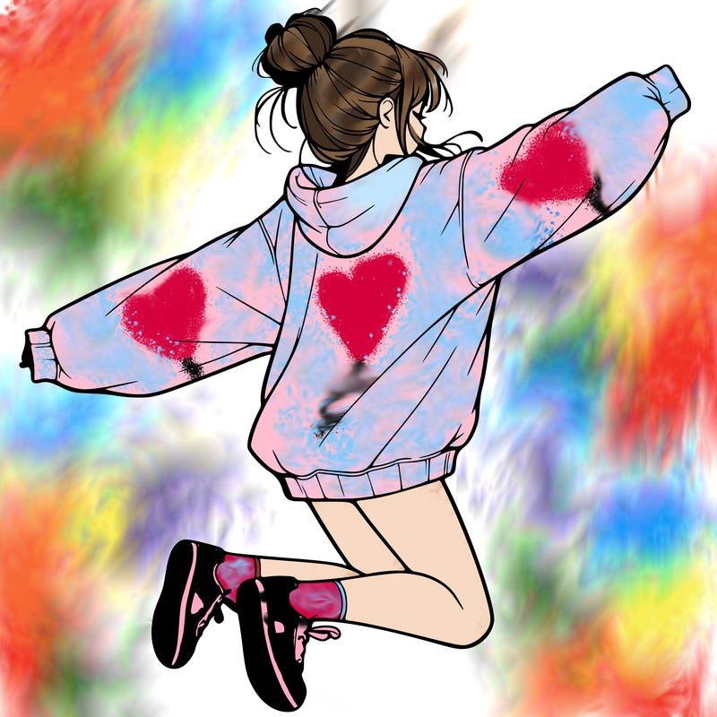 realistic girl jumping with a bun and oversized sweatshirt