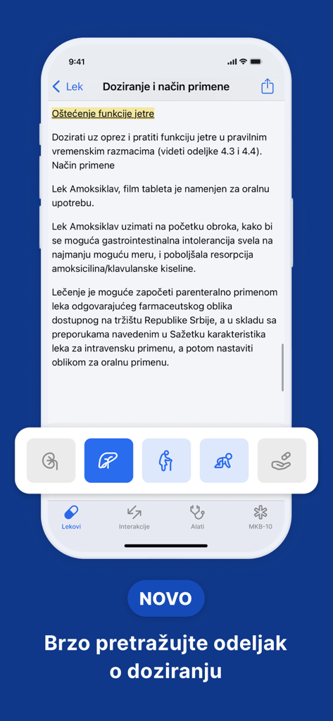 Mediately Baza Lekova - Mediately Baza Lekova app interface displaying drug dosage and administration information with specific icons for various patient groups.