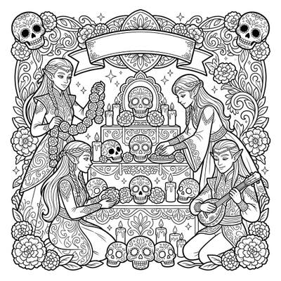 Journey into a mystical Day of the Dead celebration where graceful elves honor their ancestors with traditional offerings and enchanting music. This unique coloring page blends fantasy with cultural richness, perfect for a captivating artistic escape.