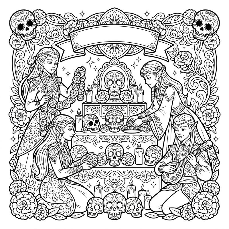 Journey into a mystical Day of the Dead celebration where graceful elves honor their ancestors with traditional offerings and enchanting music. This unique coloring page blends fantasy with cultural richness, perfect for a captivating artistic escape.