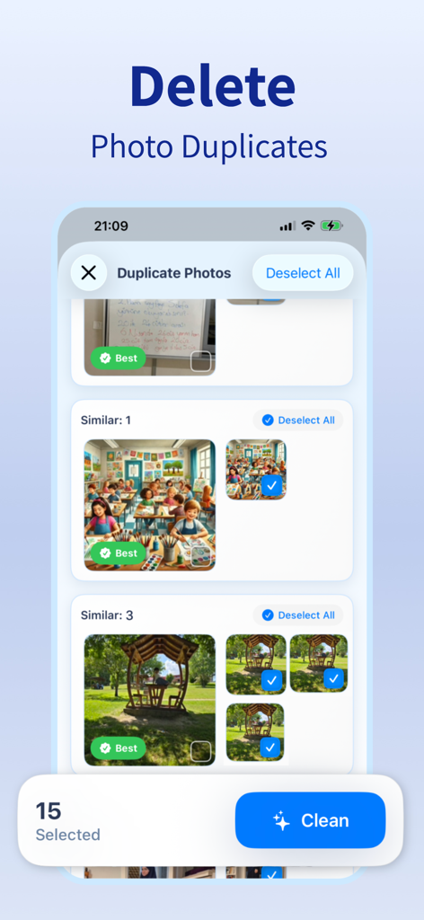 Cleaner AI: Clean Up Storage - Interfaz de la aplicación Cleaner AI que muestra grupos de fotos similares seleccionadas para eliminar y liberar espacio de almacenamiento