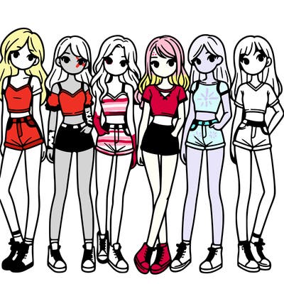 a group of girls wearing crop tops and shorts