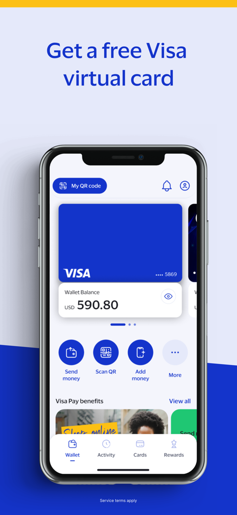 Interface do aplicativo Visa Pay mostrando um cartão virtual e o saldo da carteira digital em uma tela de smartphone.