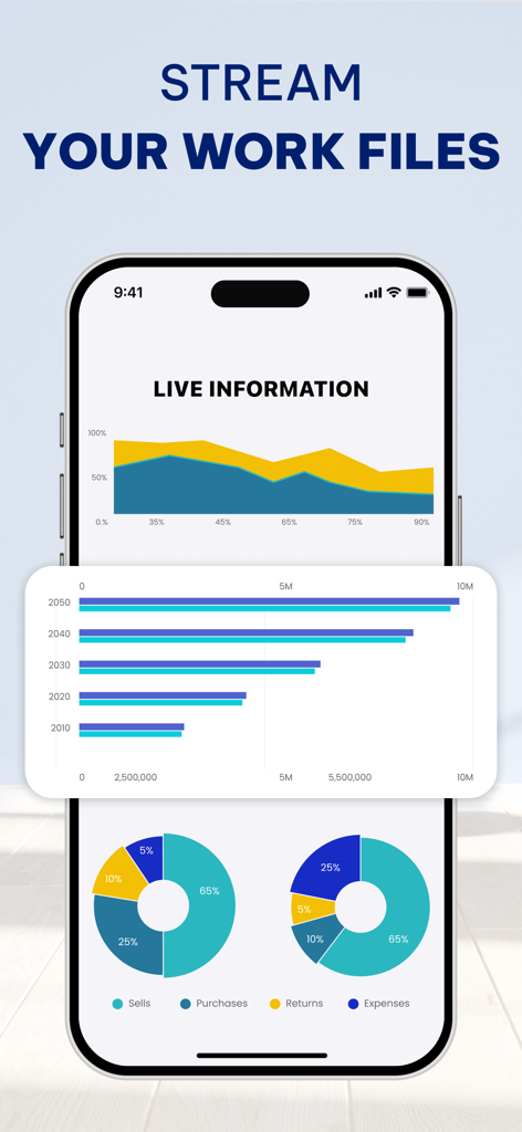 Smart Cast: Mirror To PC & TV - Smartphone screen showing business data charts for streaming work files to a larger display