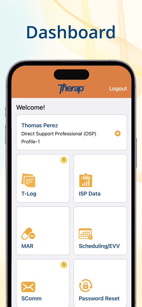 Mobile dashboard of the Therap app featuring healthcare management modules for Direct Support Professionals