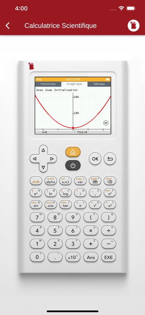 Una interfaz de calculadora científica con una pantalla gráfica que muestra una parábola dentro de la aplicación Bac en Poche Senegal.