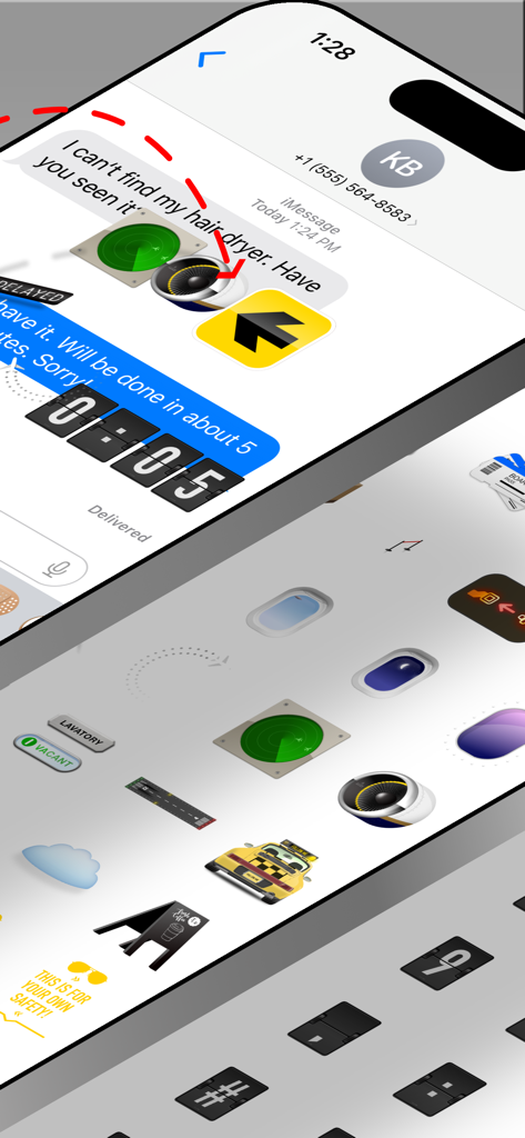Airport Stickers: Liftoff - A smartphone screen showing the Airport Stickers Liftoff app in iMessage featuring retro aviation stickers and airport flip board letters in a chat.
