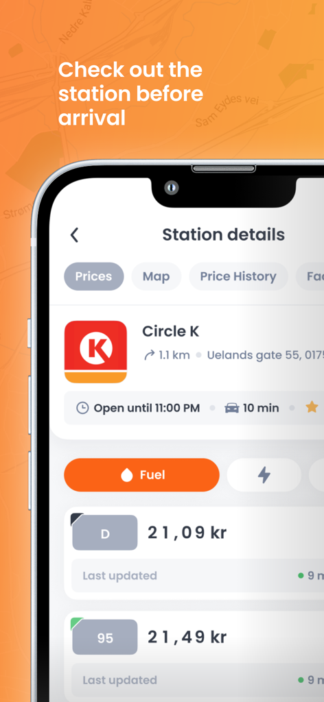 Mobile app interface of DrivstoffAppen showing gas station details and fuel prices for Circle K