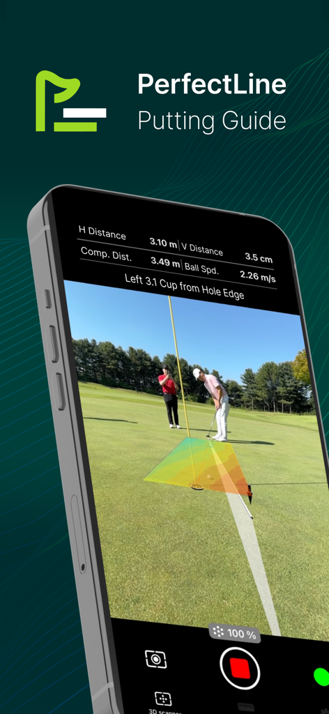 PerfectLine: Putting Guide - 퍼팅 라인 가이드와 함께 경사 윤곽을 보여주는 증강 현실 스캔을 보여주는 PerfectLine 앱을 표시하는 iPhone