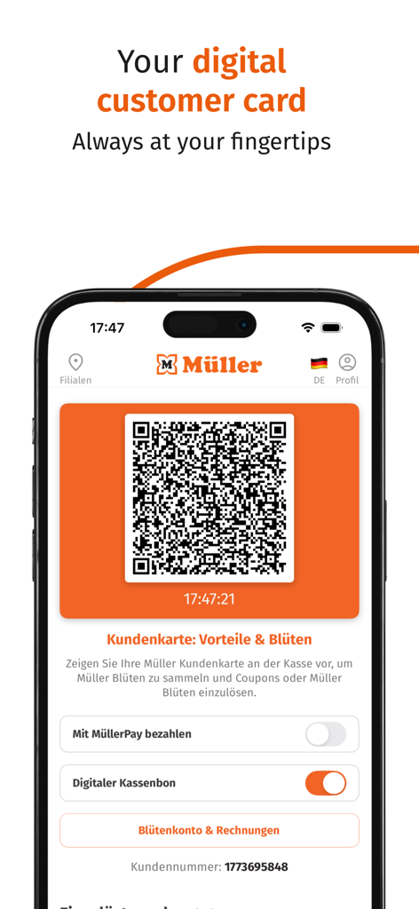 A digital customer loyalty card with a QR code displayed in the Muller app interface.