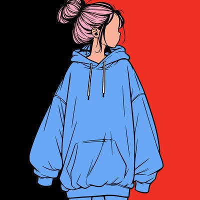 realistic girl with a oversized sweatshirt on and a bun