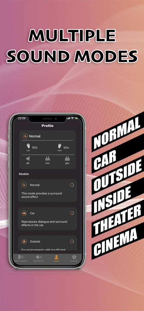 Speaker Volume Booster - Pro - A mobile app interface displaying multiple sound profile modes including normal car outside inside theater and cinema