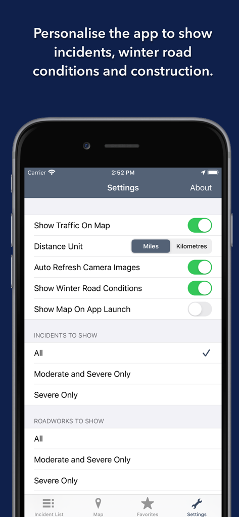Alaska State Roads - Personalization settings in the Alaska State Roads app for traffic incidents and winter road conditions