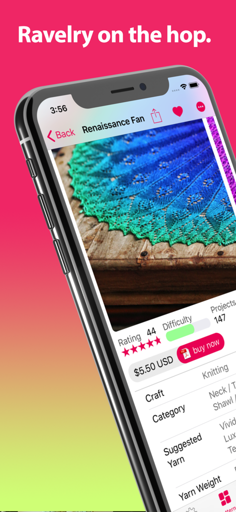 Ravit mobile app showing details for a blue and green knitted shawl pattern.