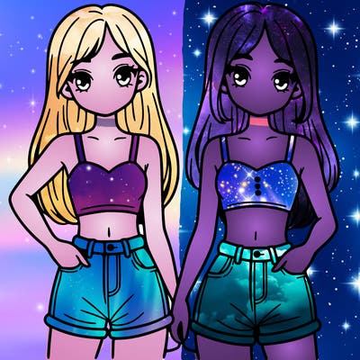 two sisters with crop tops and jean shorts and straight hair
