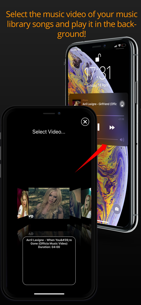 AudioViz  - Top Songs Online - iPhone showing the AudioViz app music video selection screen and background playback feature on the lock screen.