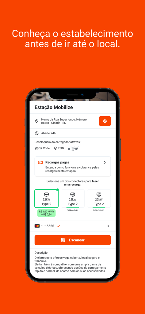 Mobilize Charge Pass - Interface de l'application Mobilize Charge Pass montrant les détails de la borne de recharge VE, y compris l'emplacement, la disponibilité des connecteurs et les options de paiement.