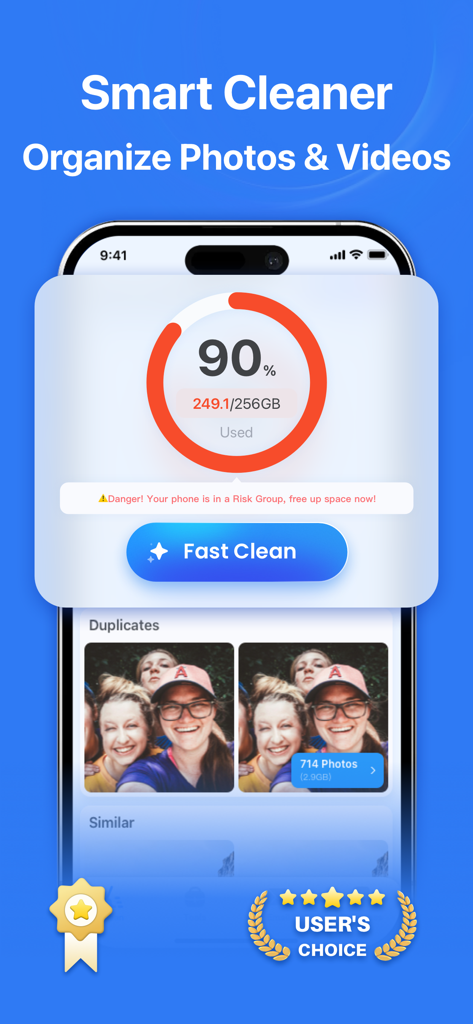 Smart Cleaner mobile app dashboard showing storage usage alert and fast clean button for duplicate photos.