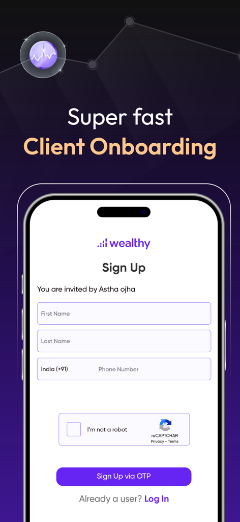 Wealthy Partner - MFDs & IFAs - Sign up screen for the Wealthy Partner app showing mobile client onboarding fields for financial advisors