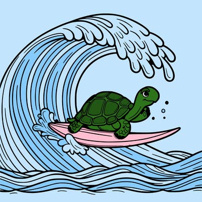 a tortoise surfing on a giant wave
