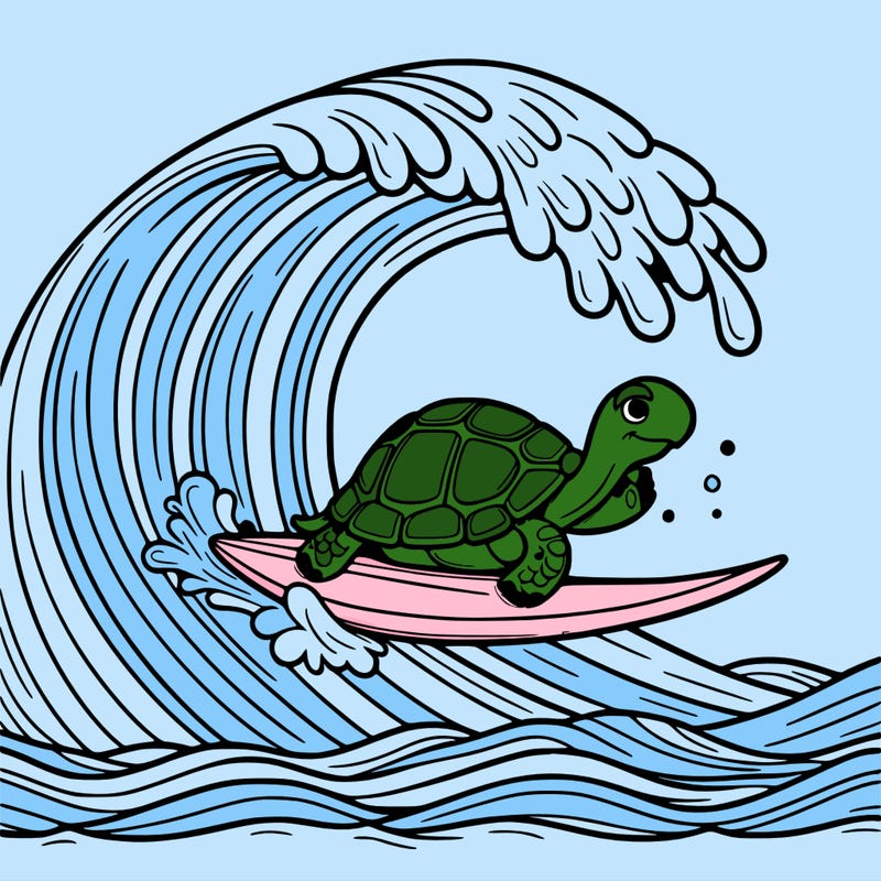 a tortoise surfing on a giant wave