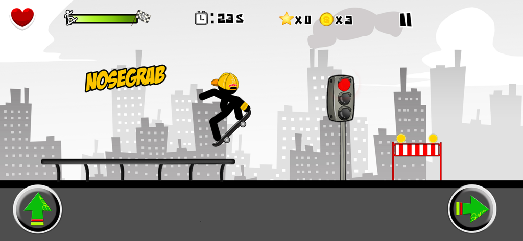 Stickman Skate 360 Epic City - A stickman character performing a nosegrab skateboard trick in a 2D city environment.