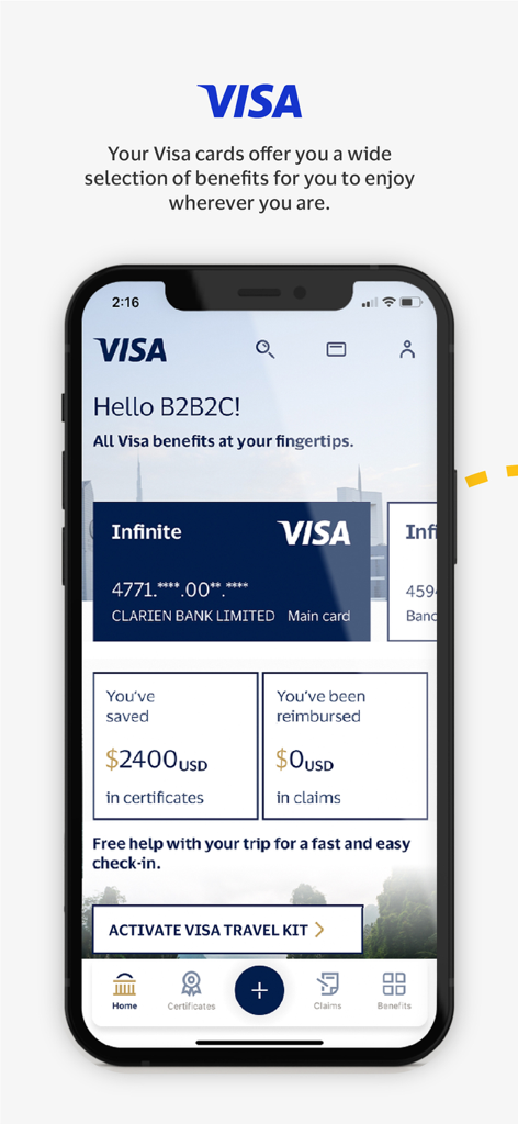 Visa Benefits - Dashboard of the Visa Benefits mobile app showing an Infinite card and travel insurance certificate savings