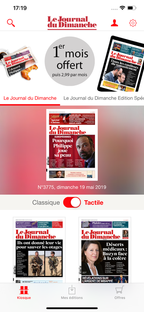 Kiosk interface of the legacy JDD app displaying newspaper covers.