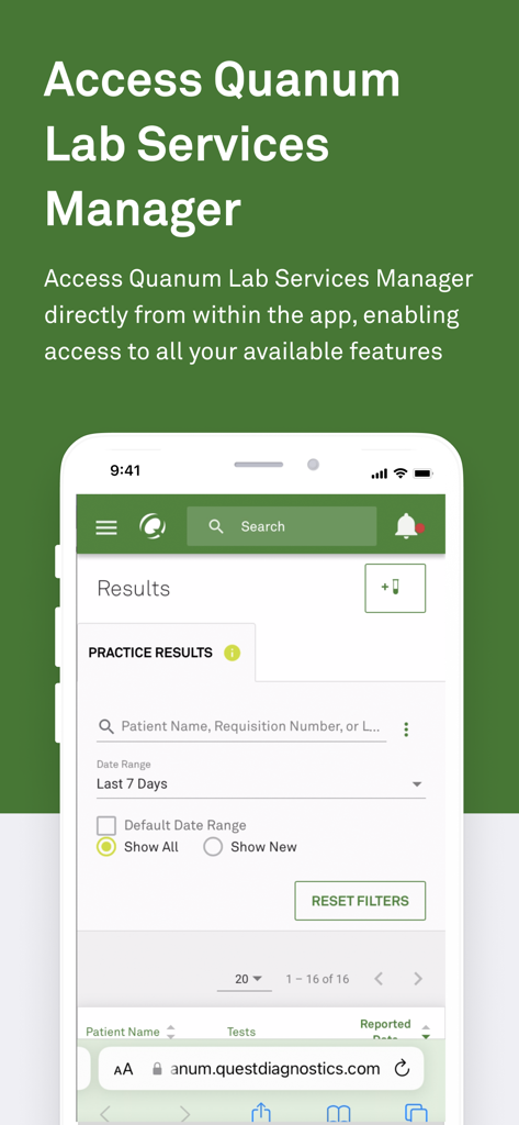 Interface of Quanum Lab Services Manager within the Quest Lab Alert app for physicians